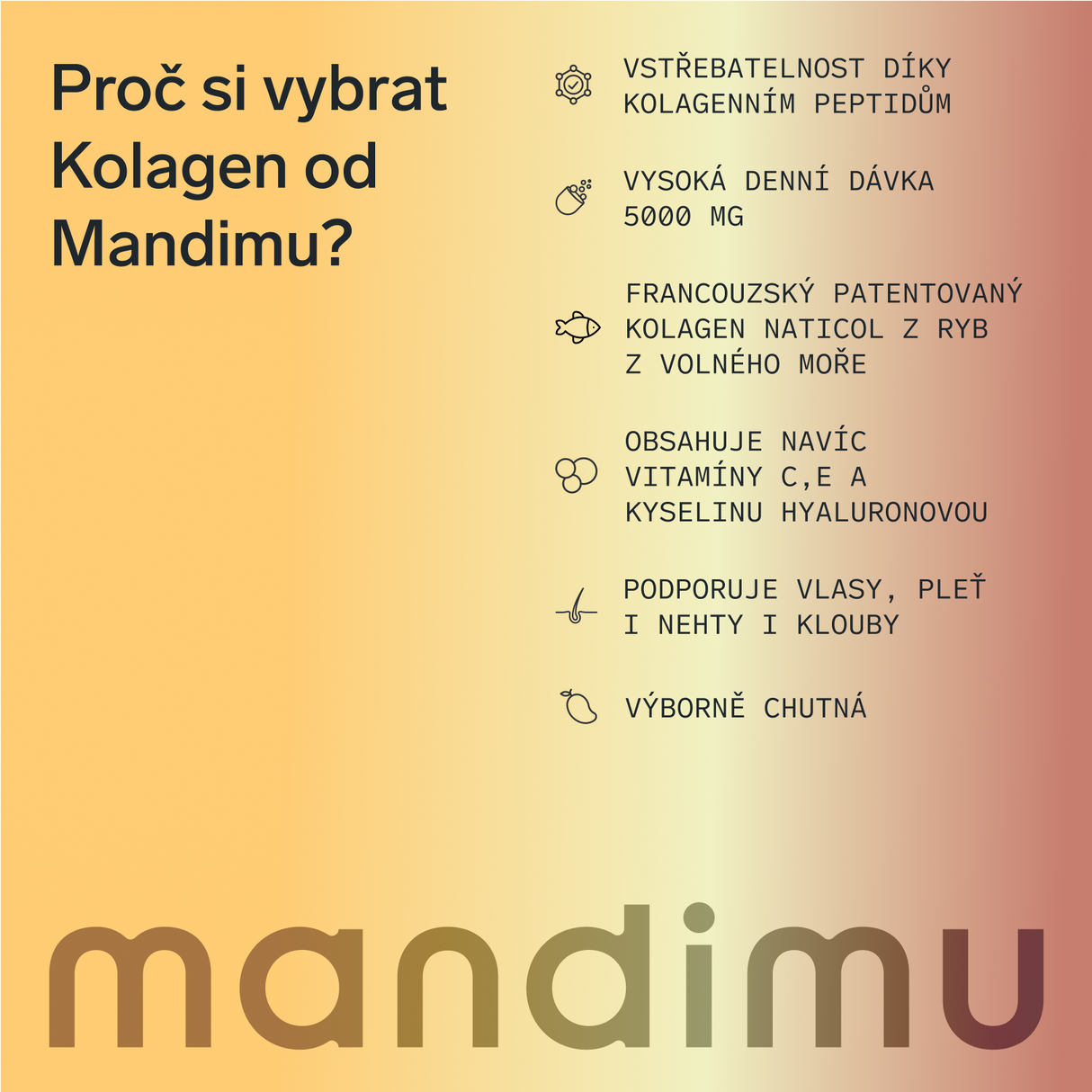 Prémiový kolagen s kyselinou hyaluronovou a vitamíny C a E (příchuť mango)